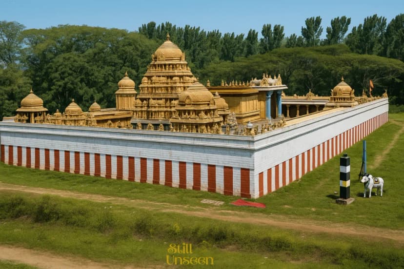 A vibrant ancient temple tower with detailed carvings located near the serene Namma Aruvi waterfalls.