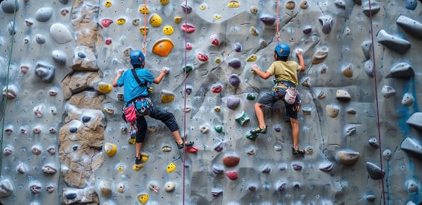 Children scaling an indoor climbing wall with safety harnesses during a fun rope challenge activity.