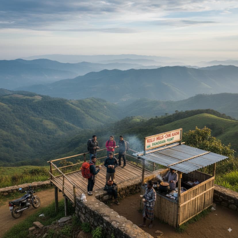 A scenic forest viewpoint deck where travelers enjoy misty landscapes, temple stops, and nature trails.