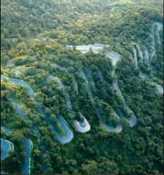 A stunning aerial view of the winding hairpin roads of Kolli Hills surrounded by dense green forest