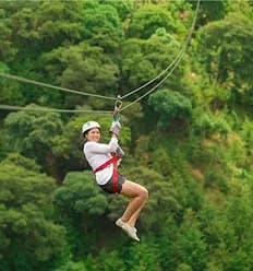 A visitor enjoying a thrilling zipline ride over dense forest greenery at an outdoor adventure park