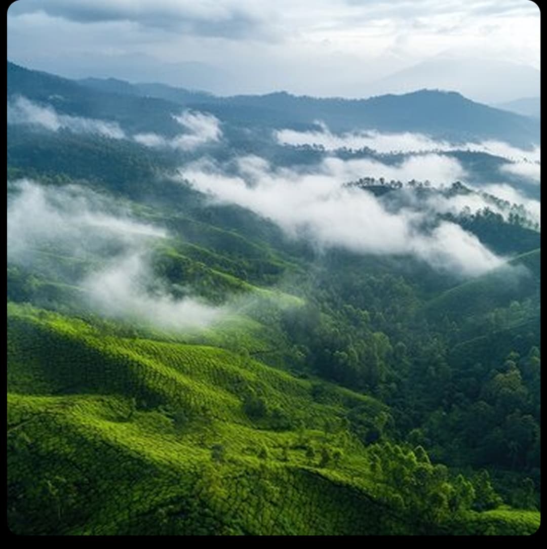 Misty green hills and rolling valleys covered with dense forests creating a peaceful scenic view in Kolli Hills