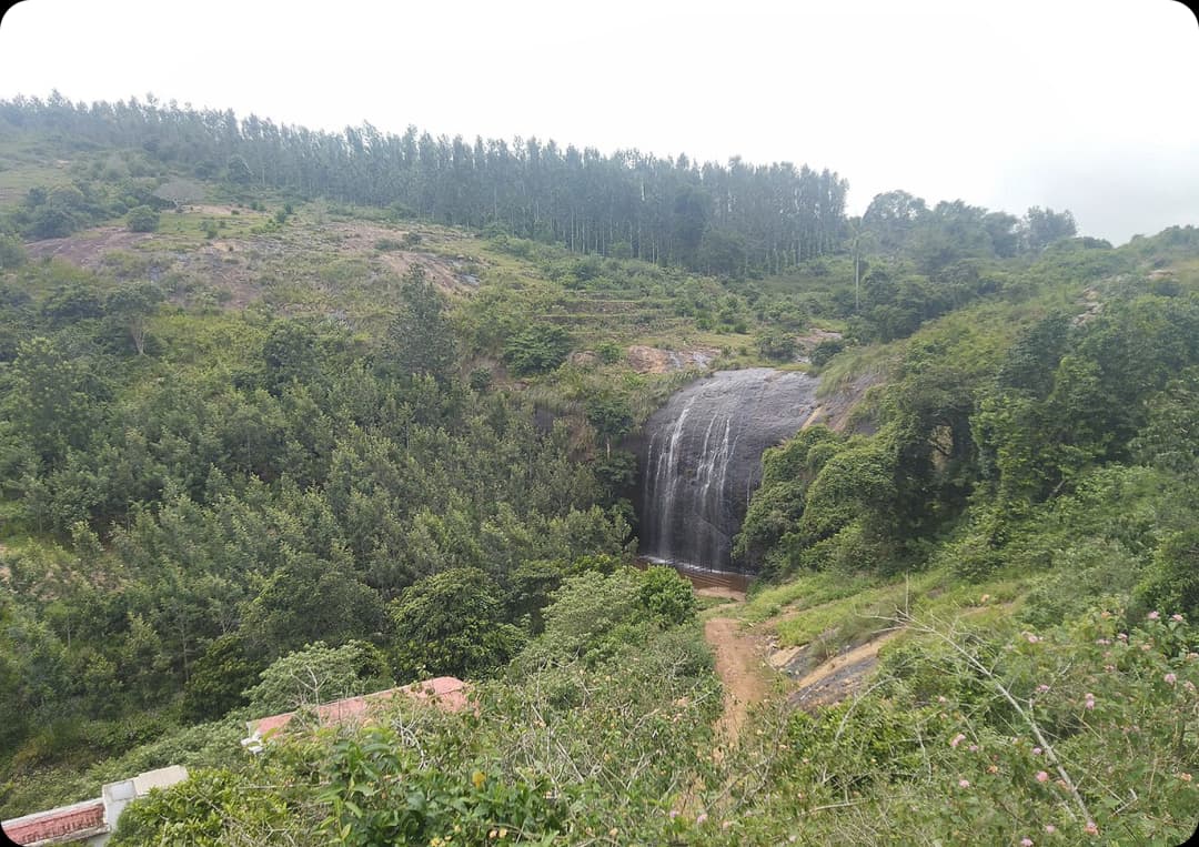 Nama Aruvi waterfall seen amid wide green hills and dense forests creating a peaceful and refreshing natural view