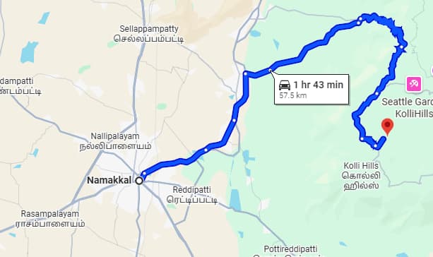 Map showing the route from Namakkal to RushCliff Adventures in Kolli Hills
