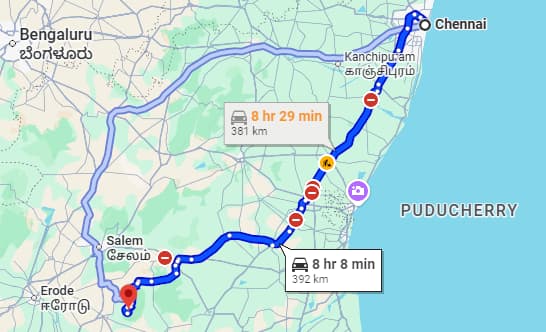 Driving route from Chennai to RushCliff, distance and travel time via Ulundurpet and Namakkal.