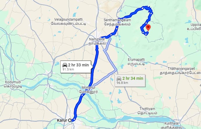 Driving route and time taken from Karur to RushCliff in Kolli Hills via Namakkal.