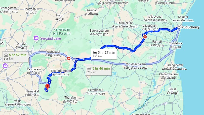 Driving route from Pondicherry to RushCliff via Ulundurpet and Namakkal, with a distance of 250 km & travel time of 6 hours.